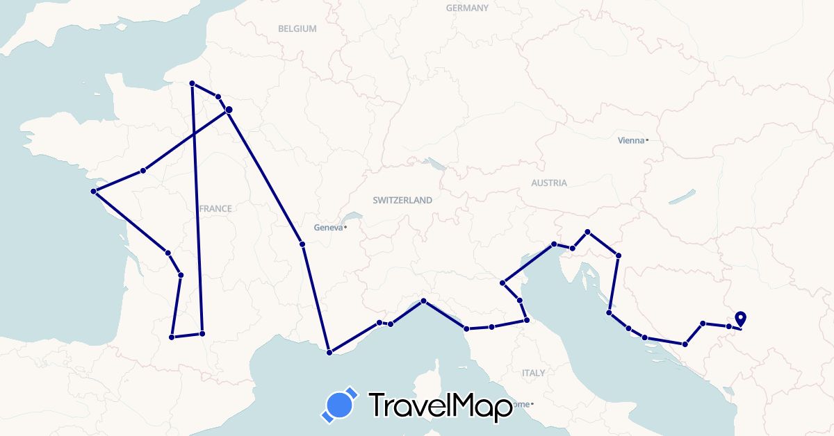 TravelMap itinerary: driving in Bosnia and Herzegovina, France, Croatia, Italy, Serbia, Slovenia, San Marino (Europe)